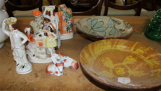 Two Staffordshire flatback groups, four other items and two 19C slipware bowls